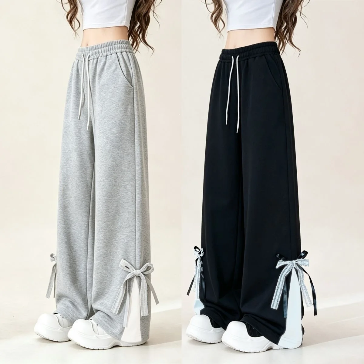 2026 New Girls Bow Straight Leg Sweatpants Spring Autumn Slim Fit Sports Trousers Kids & Junior High School Girls Casual Pants
