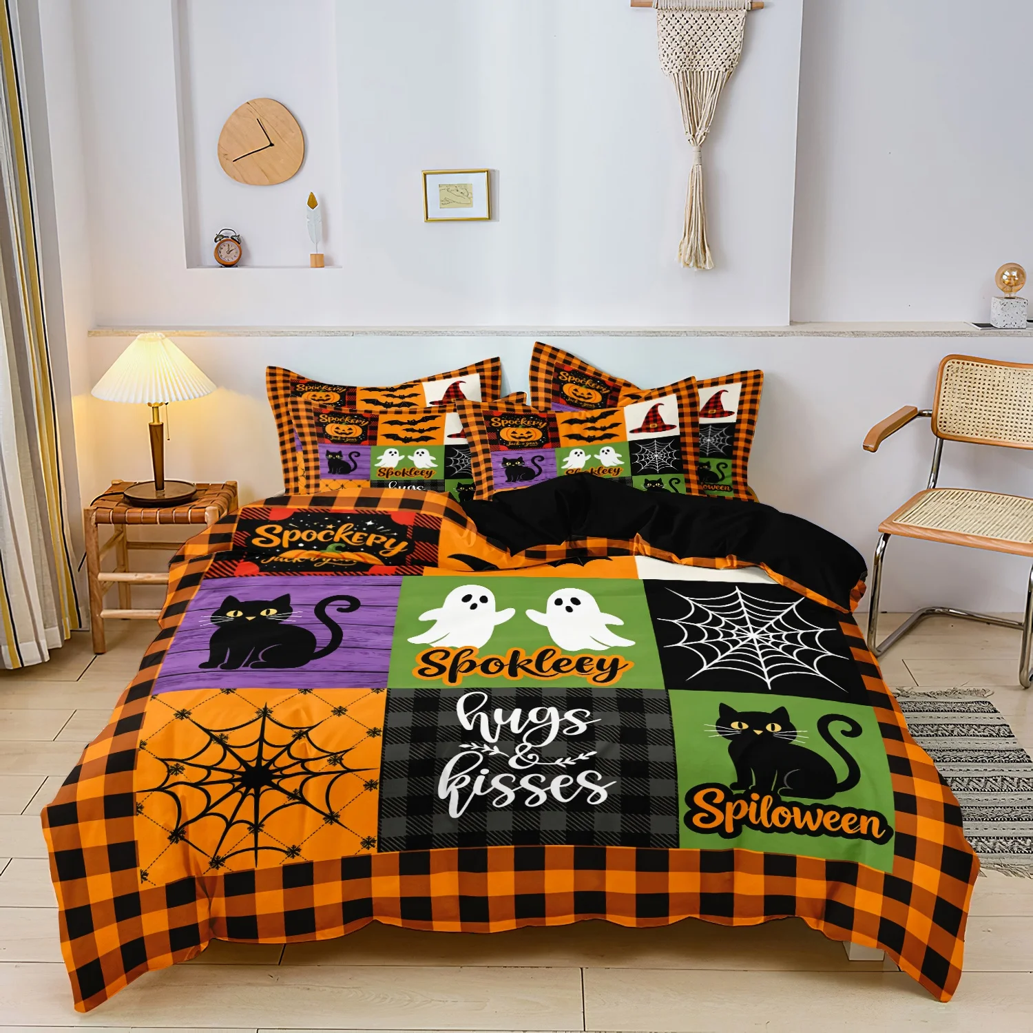  3Pcs Farmhouse Halloween Patchwork Print Duvet Cover Set, Orange Black Plaid Black Cat Ghost Spider Web Holiday Print Bedding