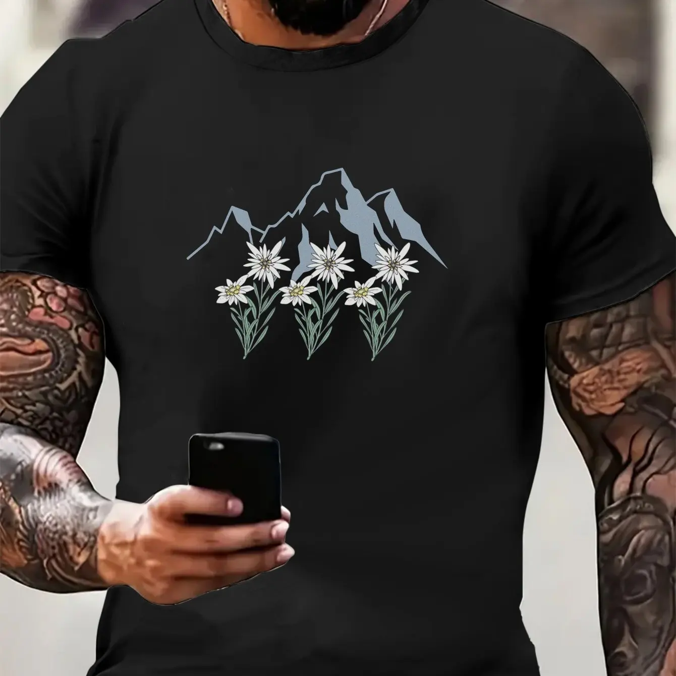 Men'S Short-Sleeved T-Shirts Featuring Prints of The Edelweiss Flower Inspired by The Swiss Alps in Spring And Summer