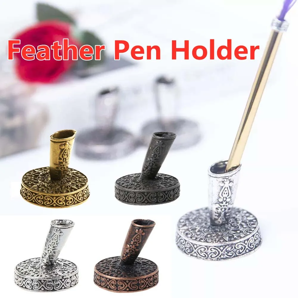 Round Vintage Desk Organizer School Supplies Stainless Steel Holder Fountain Feather Pen Stand Pen Organizer Round Pen Holder