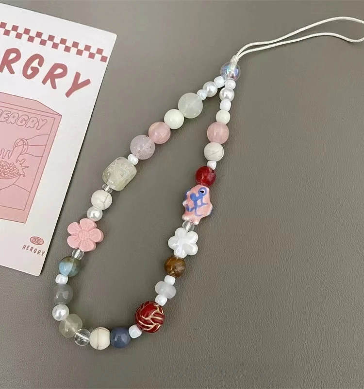 Japanese Wind Ceramic CherrBlossom Small Fish Beaded Mobile Phone Chain Camera Hanging Rope Anti-Lost Lanyard Hanging Jewelry