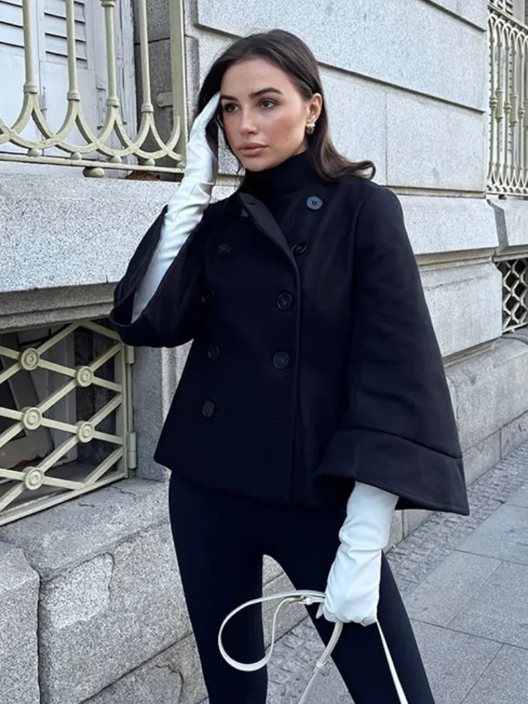 

Women Fashion Double-breasted Woolen Coat Elegant Stand Collar Long Sleeve Loose Jacket 2025 Autumn Lady Chic Street Outwear