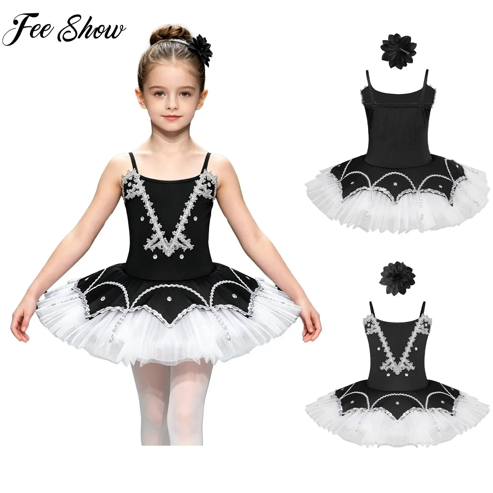 

Kids Girls Ballerina Dance Ballet Tutu Performance Costume Rhinestones Braid Trim Sleeveless Spaghetti Straps Layer Ballet Dress