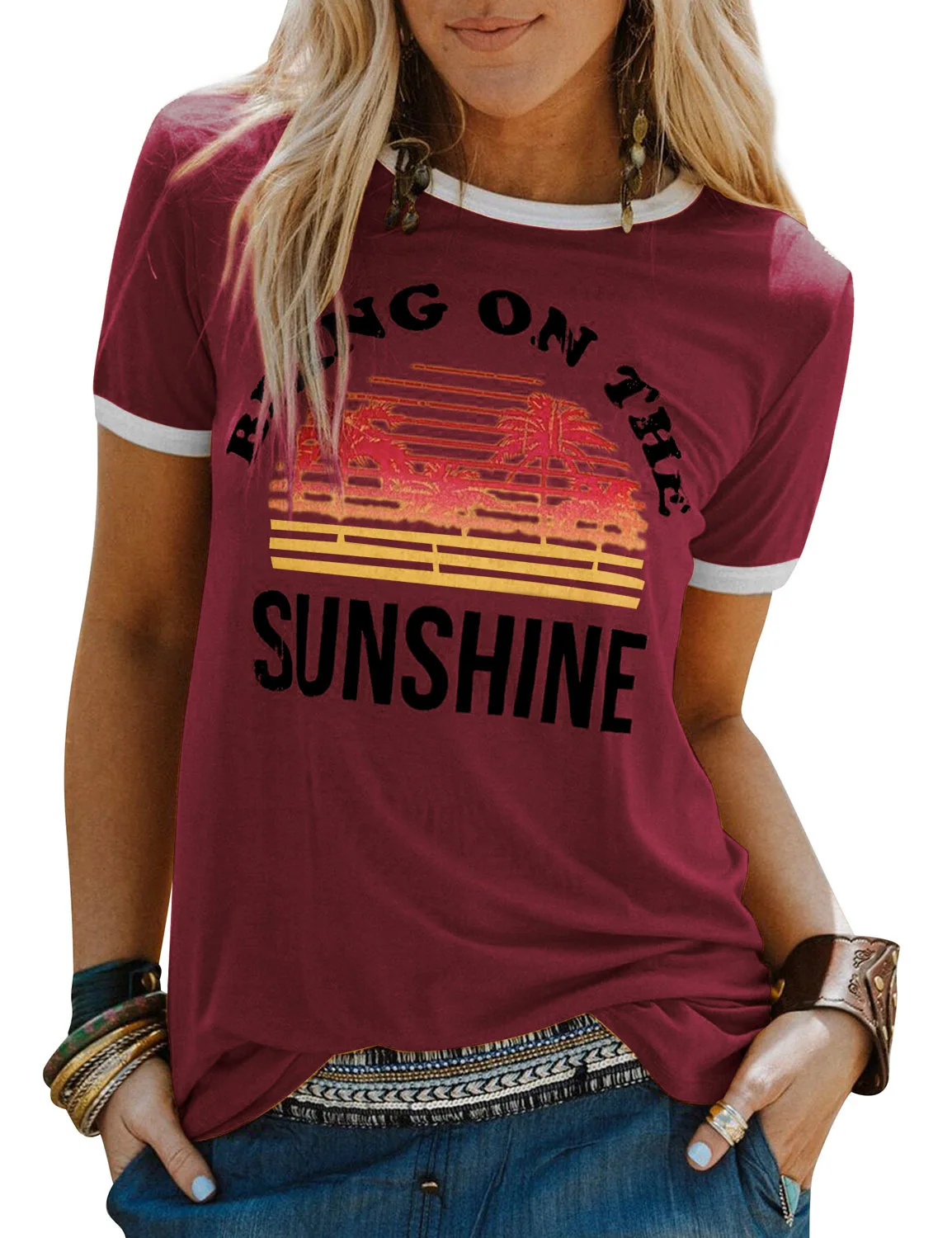New summer fashion women's sports cotton color retro beach BRING ON THE SUNSHINE letters skin t-shirt shirt