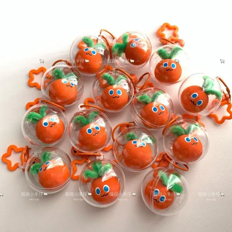 Cute Orange Plush Keychain Clear Protective Ball Smile Design Perfect For Backpack Decor Gift For Kids Friends