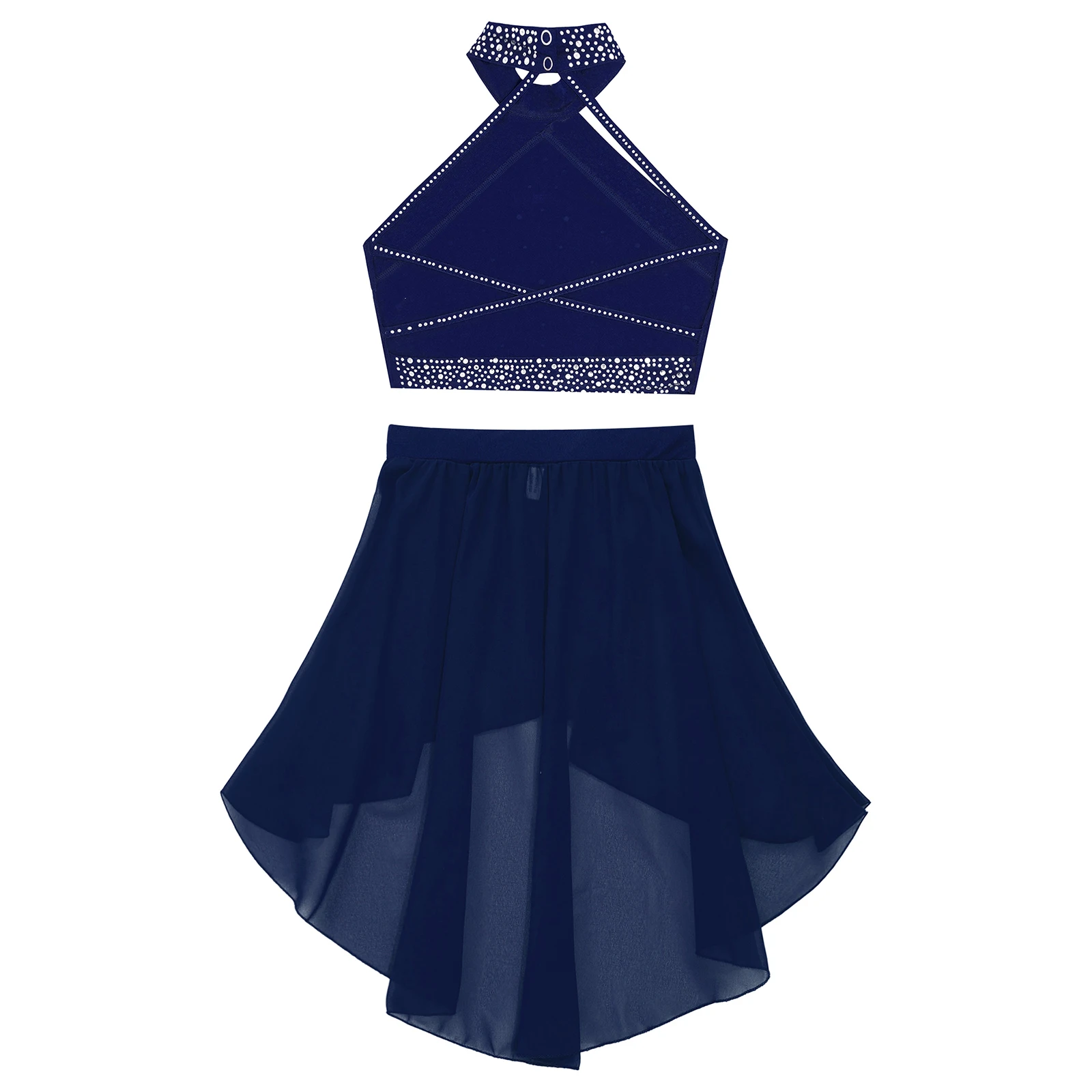 Dziecięce dziewczęce Rhinestone balet liryczna sukienka gimnastyka kostium do łyżwiarstwa figurowego kamizelka + nieregularny brzeg baleriny spódnica Tutu Dancewear — zdjęcie 5