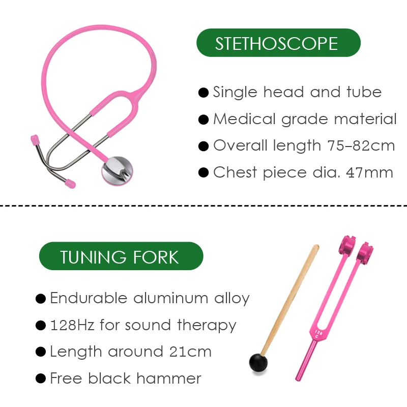 Pink Classic Medical Health Monitor Storage Case Kit and Stethoscope Otoscope Tuning Fork Reflex Hammer LED Penlight Torch Tool