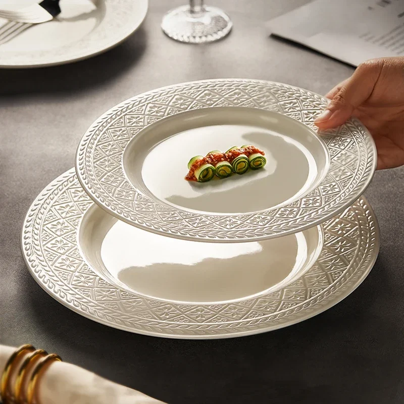 French Relief White Ceramic Dinner Plate Western Cuisine Plates Light Luxury Household Pasta Dishes Bowls and Pots Tableware