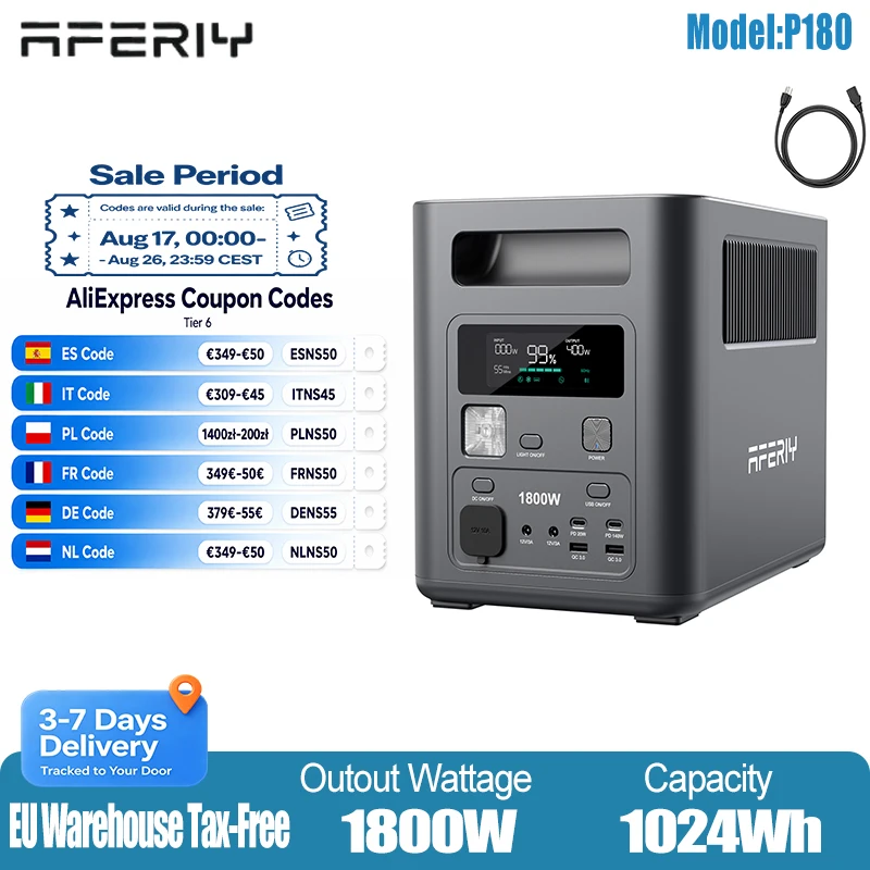 AFERIY 1800W 1024Wh Leistungsstarker tragbarer Hochleistungsakku mit EU-Stecker, der per App gesteuert werden kann für schnelles Laden, Energiespeicherung, Camping im Freien, Heimgebrauch, mobile