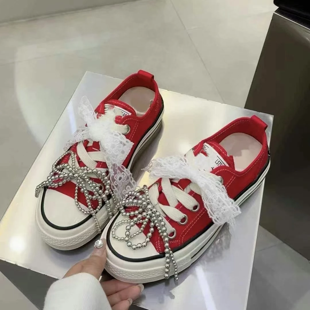 

Handmade beaded lace sweet canvas shoes heavy industry leisure comfortable sports women's shoes 35-39