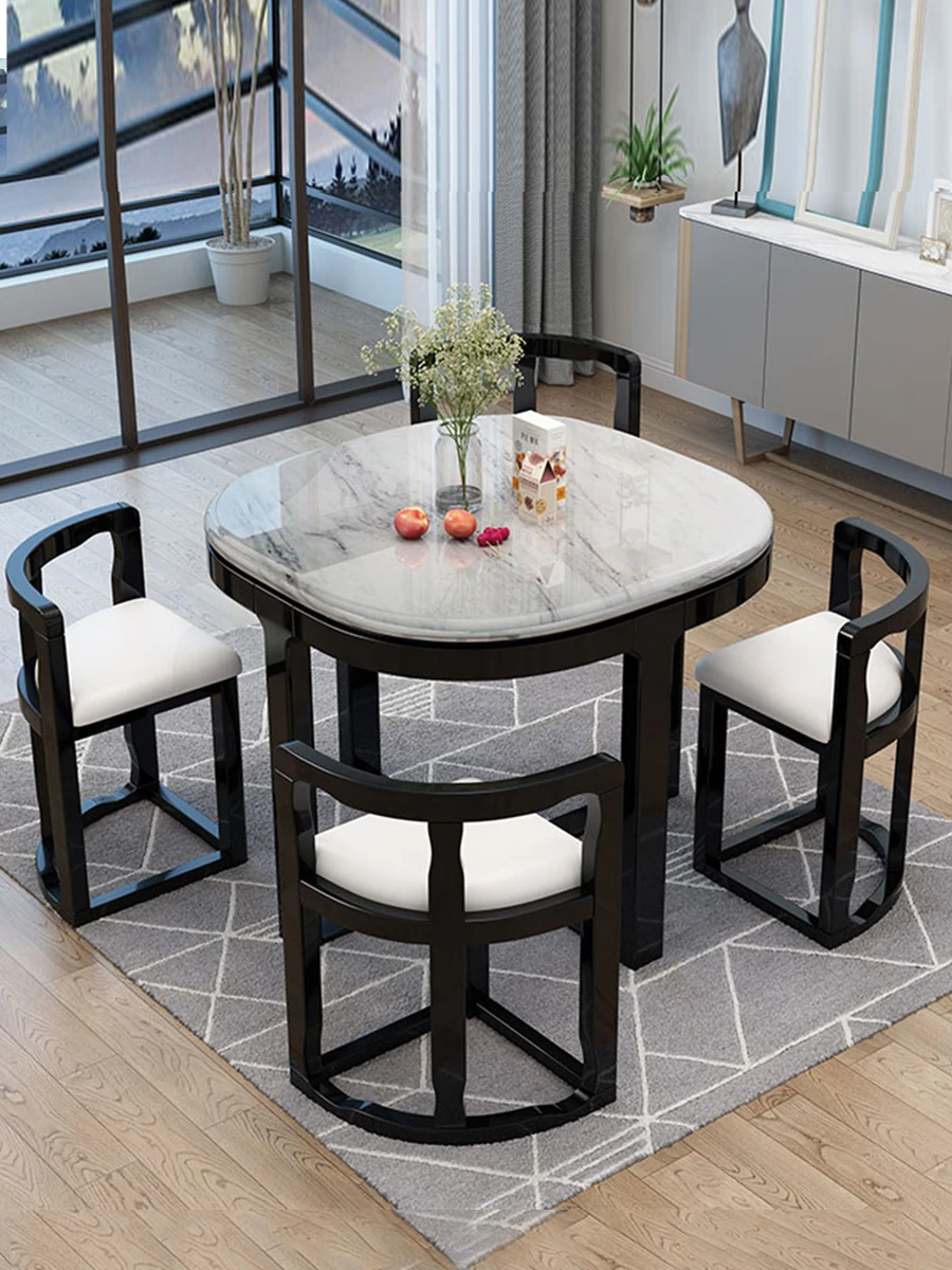 Marble Simple Modern Small Apartment Restaurant Home Light Luxury Square Space-Saving Solid Wood Dining Tables and Chairs Set