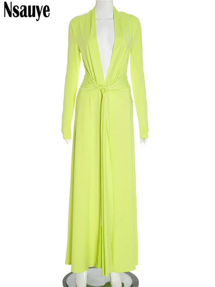 Nsauye Women New Fashion Vintage Elegant Holiday Low Cut Out V Neck Maxi Long Sleeve Dress Sexy Club Party Evening Dress 2025