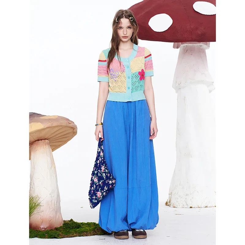 ELFSACK Pink High-Waisted Wide Leg Pants, Casual Boho Streetwear Trousers, Elastic Drawstring Loose Balloon Pants