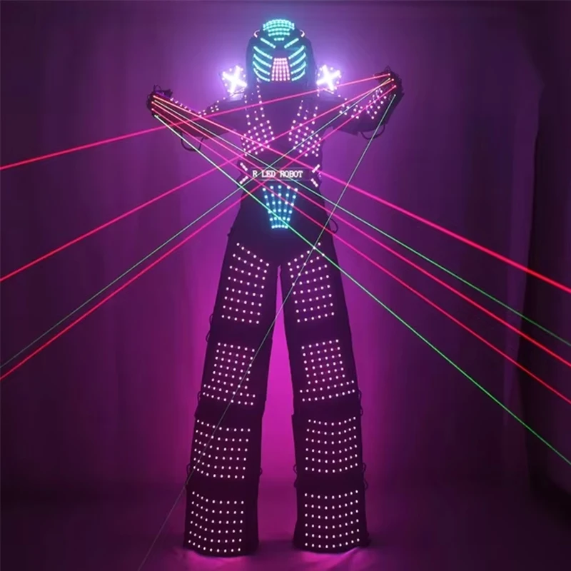 LED Robot Costume Clothes Full Color Pixel Light Up Stilts Walker Clothes Helmet Laser Gloves LED Luminous Jacket Suit