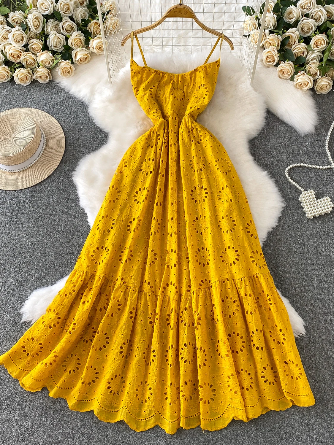 Abito lungo da donna Abito con bretelle cavo all'uncinetto in pizzo blu Vacanza estiva Festa in spiaggia Boho