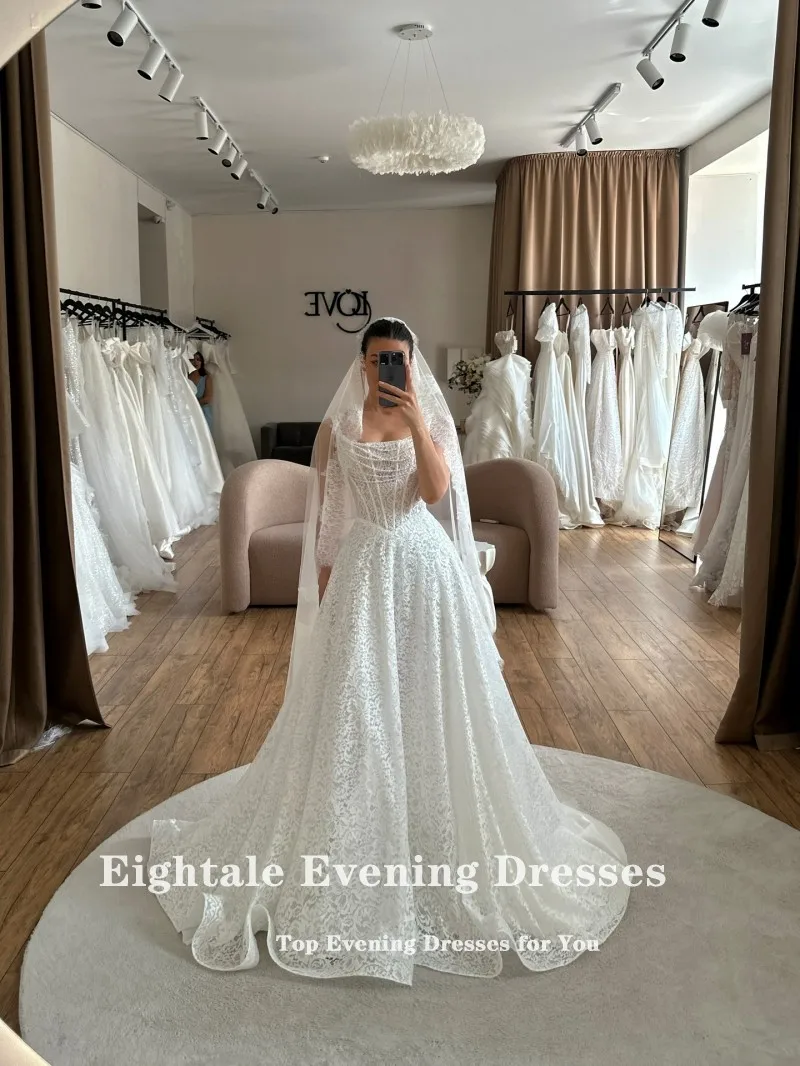 

Eightale Arabic Wedding Dress Lace Customized Ivory Spaghetti Strap A-Line Pearls Bridal Gown Bride Party Dress