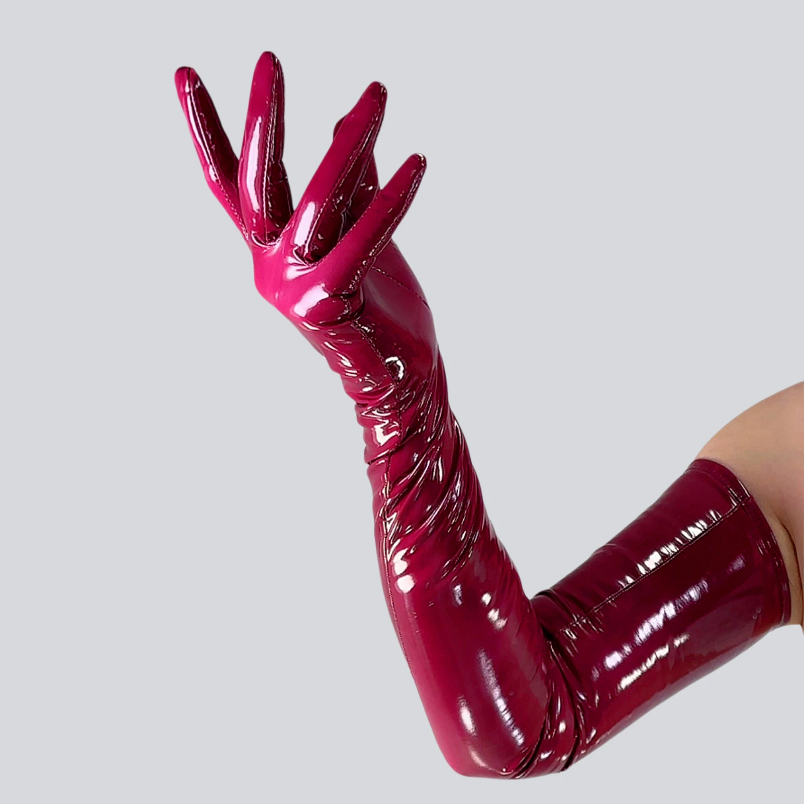 Burgundy LATEX GLOVES Super Thin 2nd Skin Faux Leather Rubber 70cm Shoulder Long Fashion Evening Party Cosplay Costume Glove