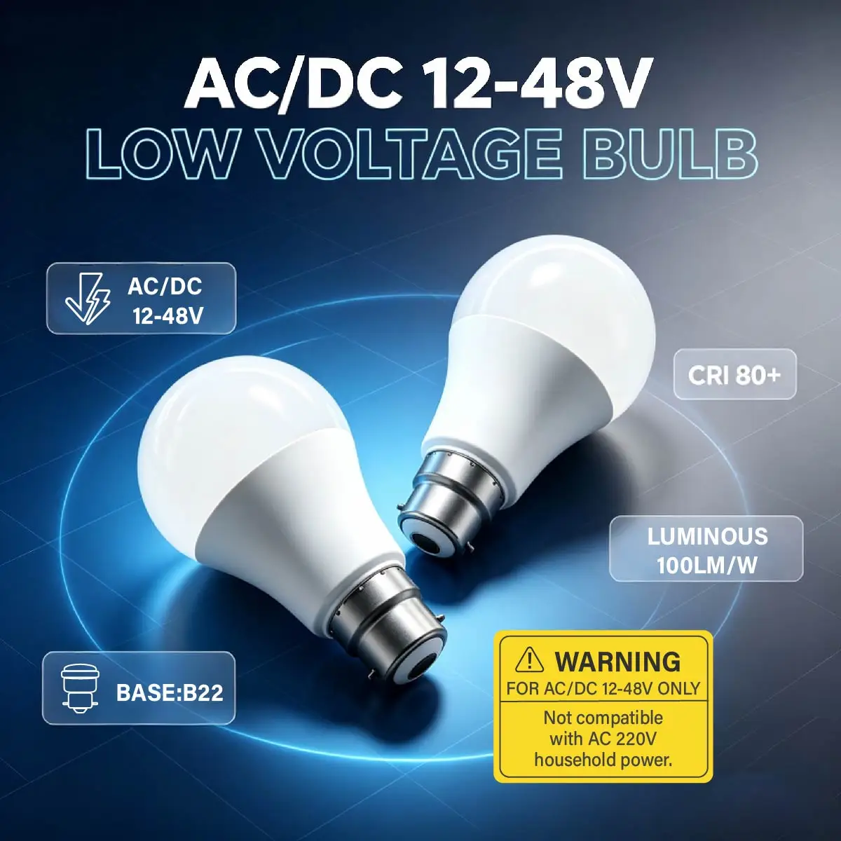 AC/DC 12V 24V 48V Low‑Voltage B22 LED Bulb,3W/10W,3000K‑6000K Warm to Cool White Light for RV,Boat,Yacht,Solar System & Cabin