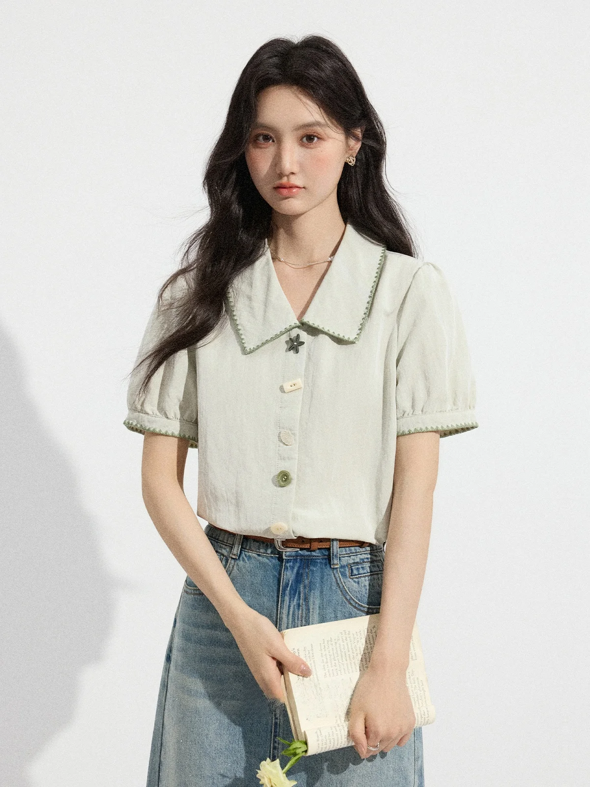 

Модный женский топ с милым воротником-куклой и коротким рукавом для повседневной носки, летняя новинка, цвет имбирный (Zhang Ginger)