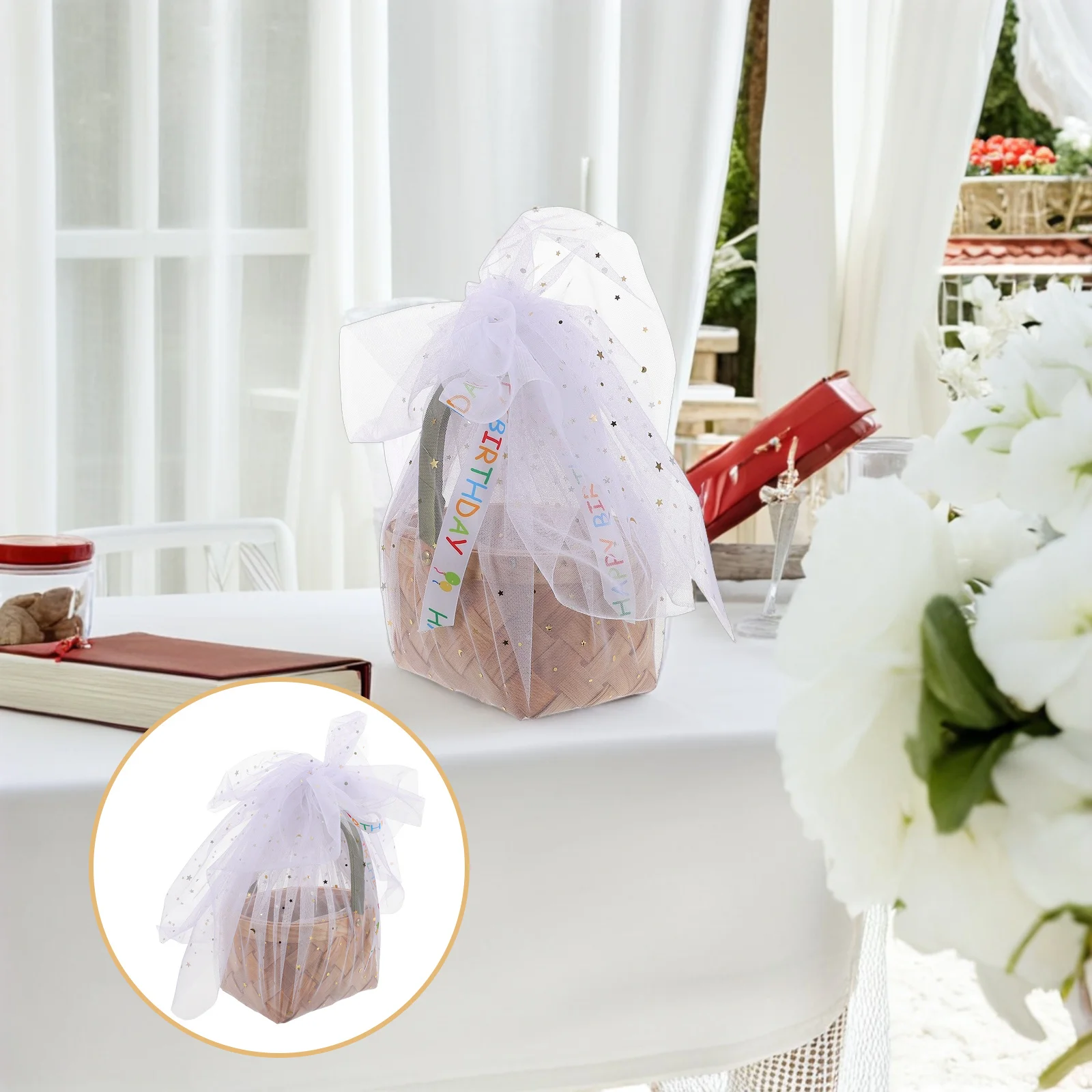 

Bamboo Basket Handwoven Present Box with Handle Elegant Storage Basket for Baby Shower Wedding Party Flower Girl Rustic Decor