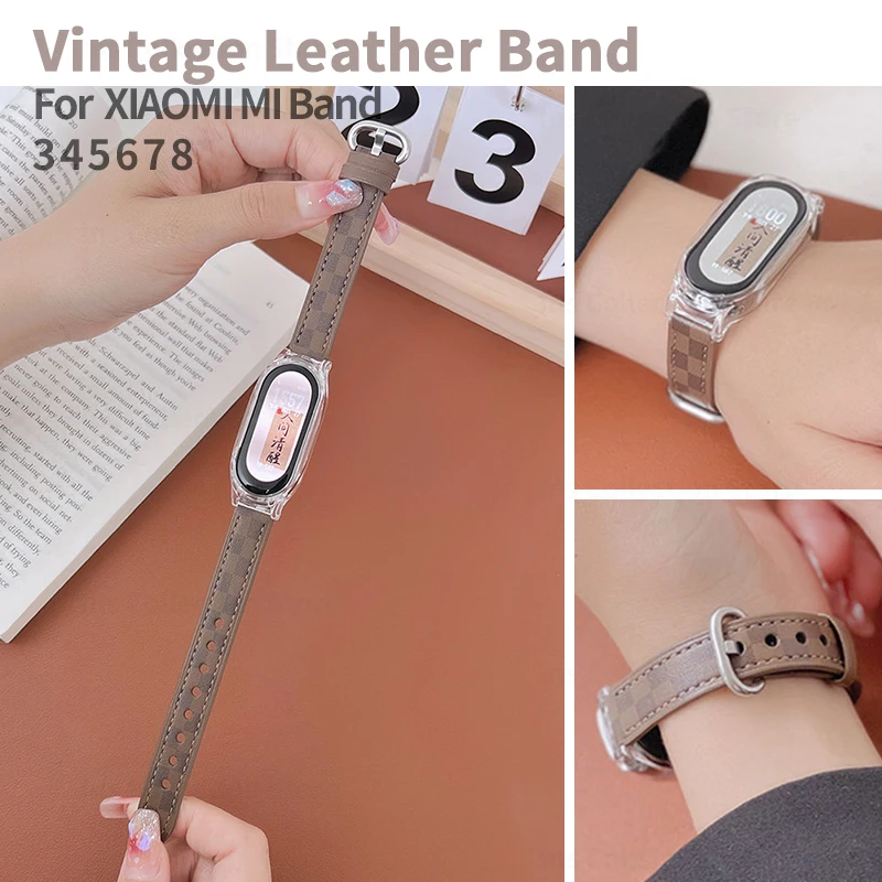 Vintage Check Pattern Leather Strap for Xiaomi Mi Band 8 Replacement Belt Bracelet for MiBand 7 6 5 4 3 Smartwatch Accessories