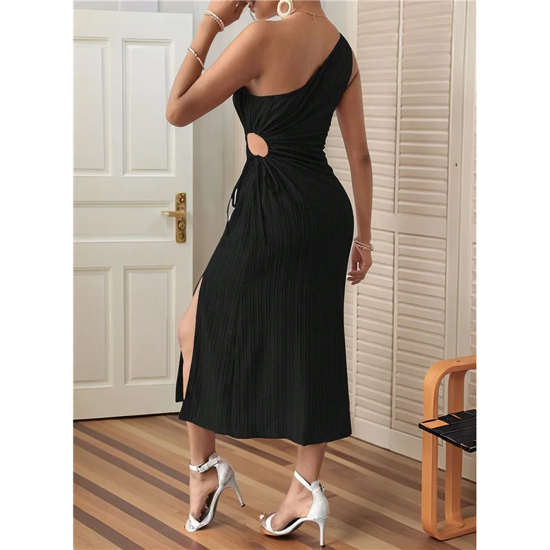 【SEE】レディース ワンショルダー サンドレス カットアウト ハイ スプリット ノースリーブ ミディ サマードレス