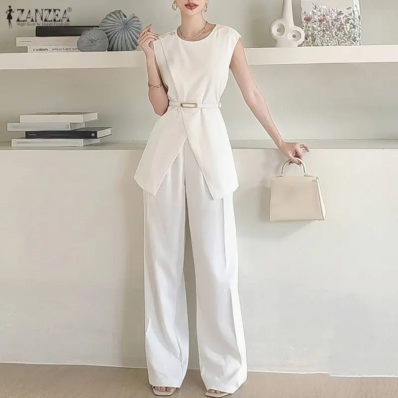 Sommer-Hosensets ZANZEA Elegante OL Damen Ärmellose Gürtel-Tops und Weite Hosen 2026 Lässige Einfarbige 2-teilige Lockere Outfits