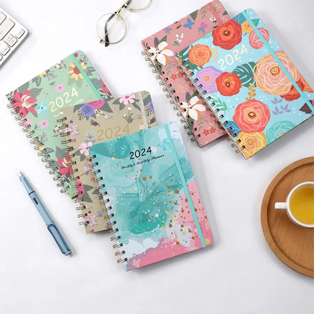 Weekly Planner Exquisite Floral Print 2024 Monthly Planner Notebook Coil Design Schedule Book Office Supply
