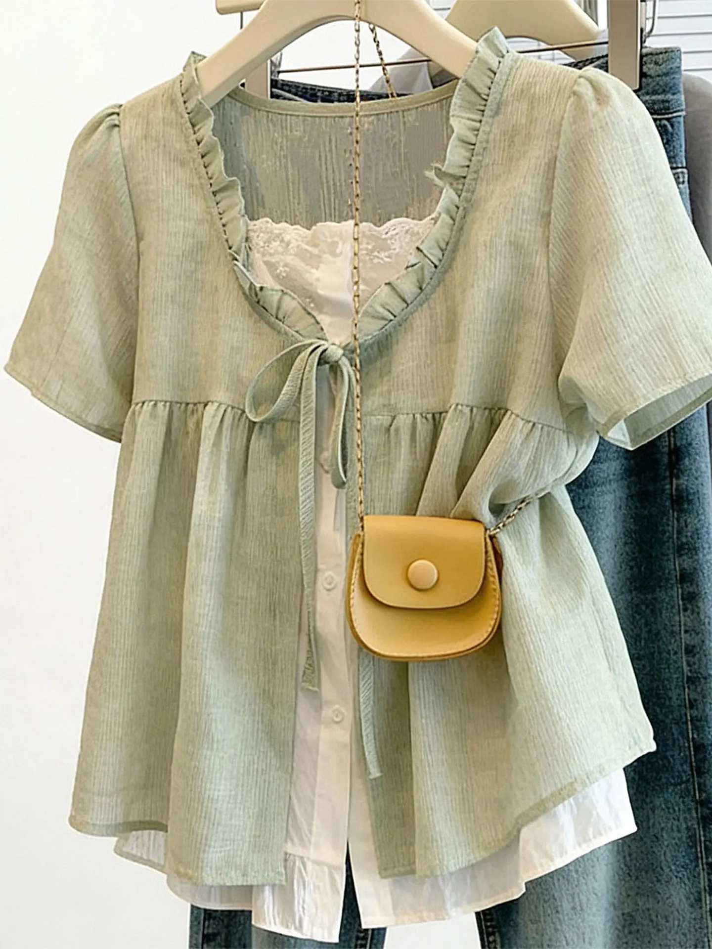 

Summer een Chiffon V-Ne ort Sve irt Women's Casual Sle Loose Fit Doll Top Trendy Casual Wind for Young Girls