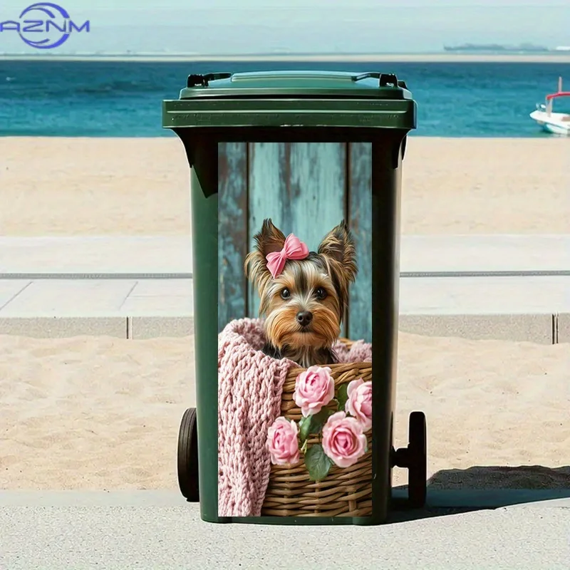 One-Piece 2D Flat Stickers for Trash Cans, Showcasing a Yorkshire Terrier with a Pink Bow in a Basket. These Peel-And-Stick Lu