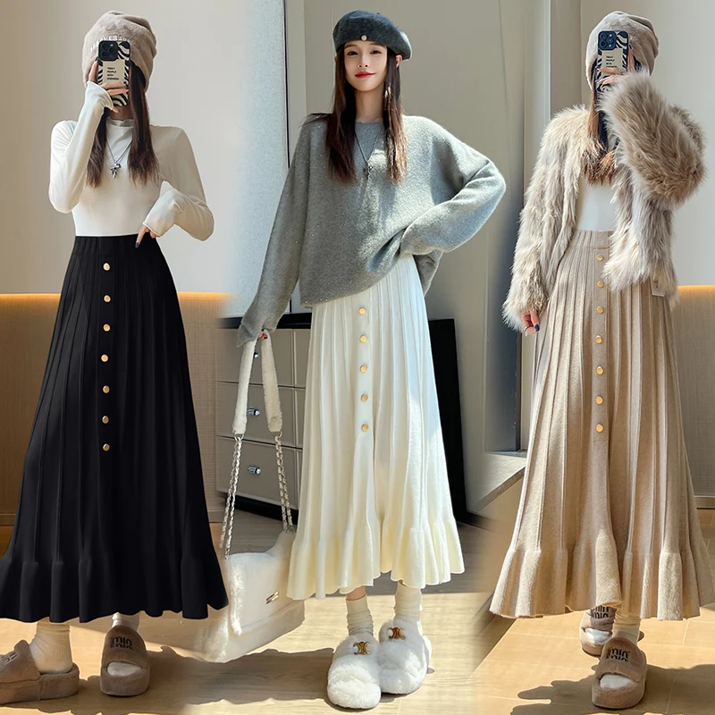 Saias de malha com babados e bainha com botão frontal para mulheres outono saia suéter com fenda evasê em material macio e drapeado