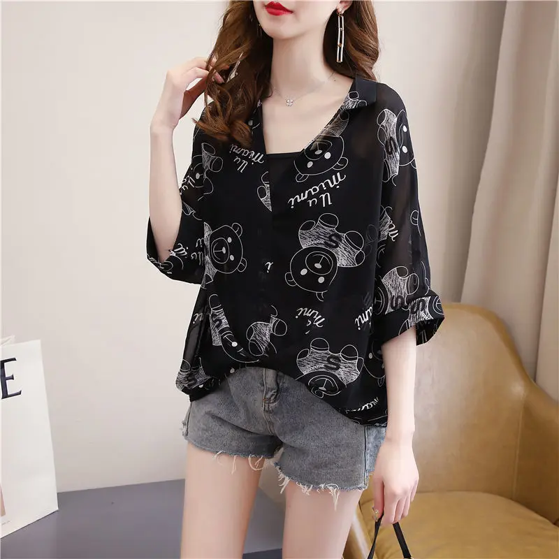 Fashion Printed Lapel Batwing Sleeve Folds Asymmetrical Oversized Chiffon Shirt Loose Commute Women\'s Clothing Casual Blouse