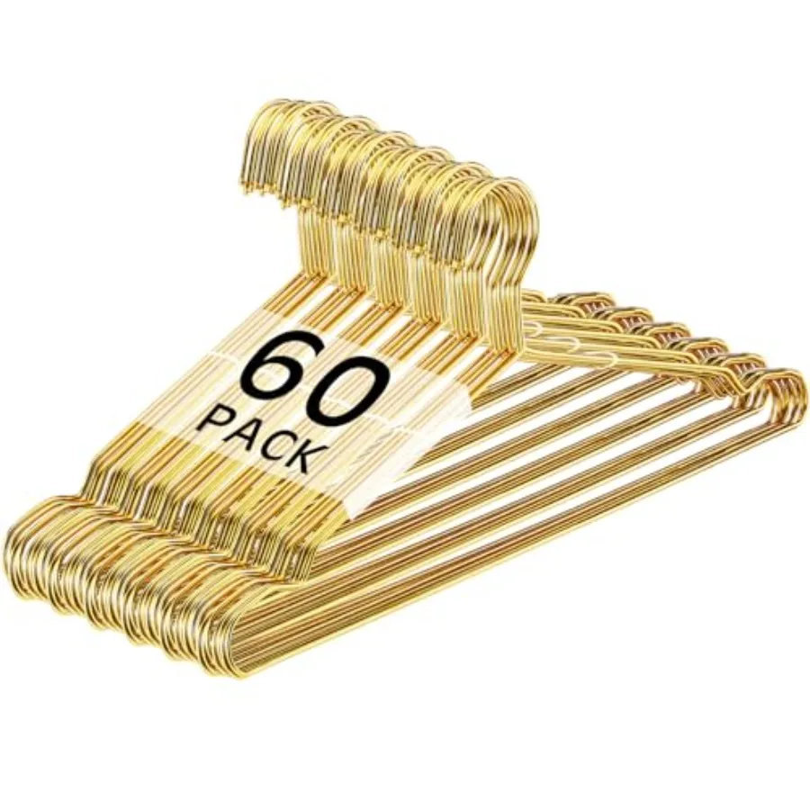 

60 Pack Gold Metal Wire Clothes Hangers 17.7 Inch Stainless Steel Heavy Duty Round Hook Thin for Coats Blouses Dresses