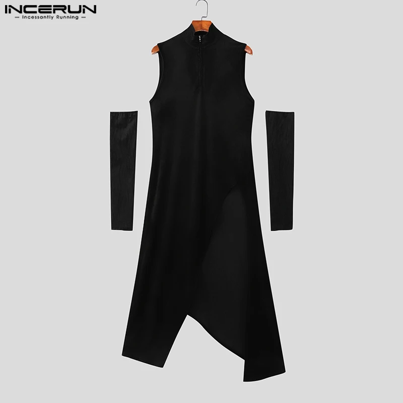 INCERUN الرجال غير النظامية تي شيرت الصلبة قبالة الكتف كم طويل عادية الذكور المحملة القمم سستة الشارع الشهير نمط طويل تي شيرت الرجال 2025