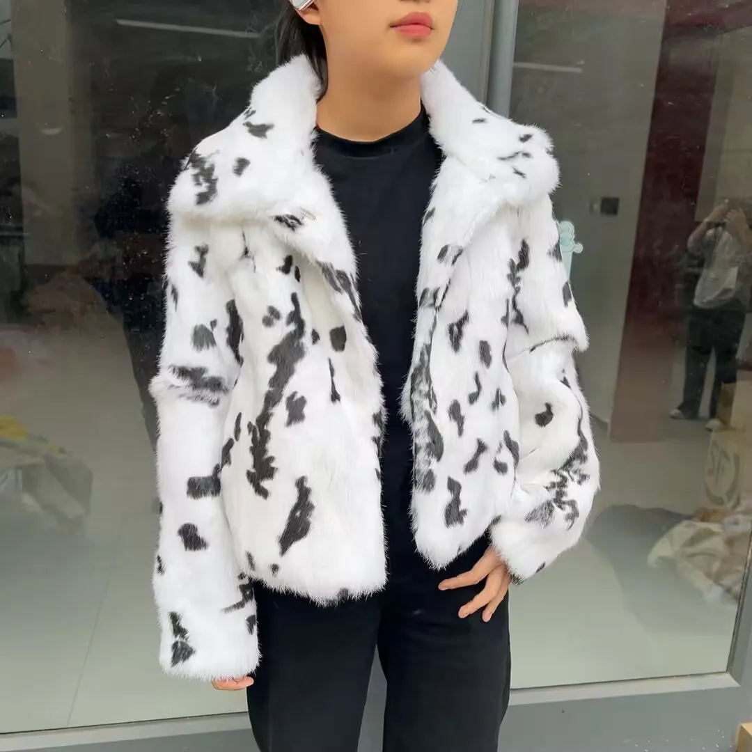 Women's real rabbit fur coat with spray pattern texture winter fashion lapel rabbit skin jacket