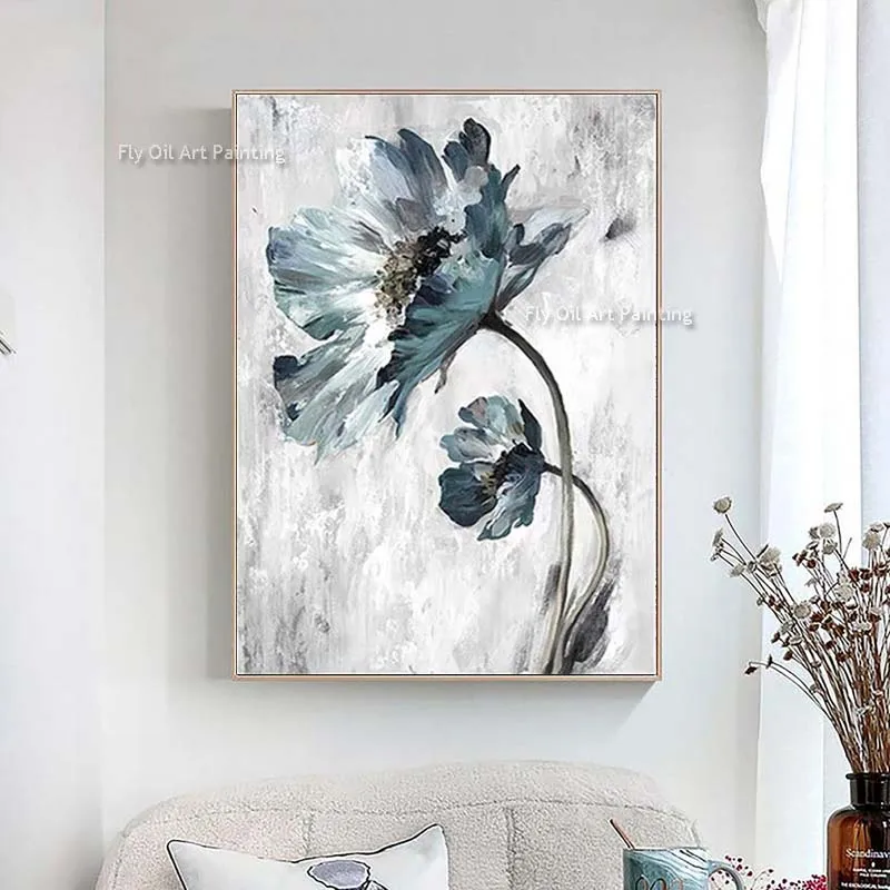 

Thick Textured Floral Oil Painting Hand Painted Abstract Ink Blue Flower Mural Canvas Decor For Room Porch Aisle Wall Art