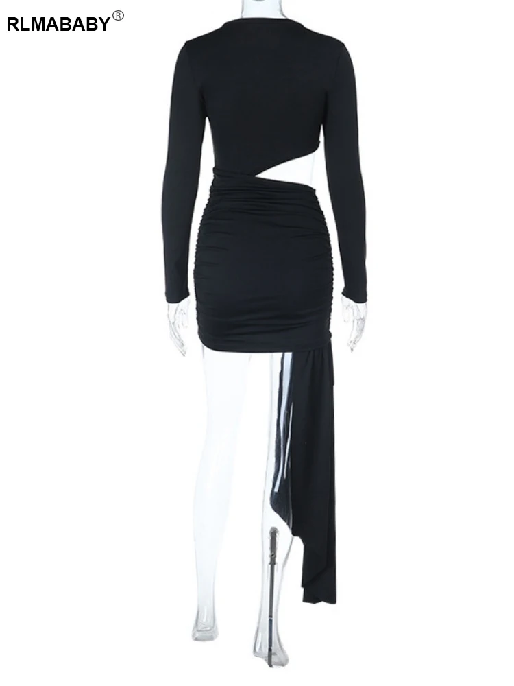 RLMABABY Sexy Hollow Out Lange Mouw Lint Vrouwen Bodycon Mini Jurk 2025 Herfst O Hals Hoge Taille Uitgesneden Ruches Korte Jurk