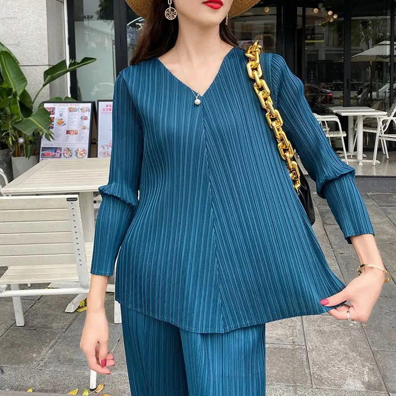 Autumn Simple Long Sleeve Button Solid Shirt Shirt Women's Wear 2023 Autumn Pleated Top T-shirt Loose  Casual