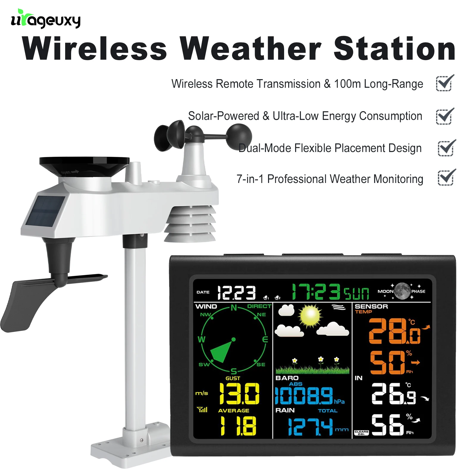 7-in-1 Professional Wireless Weather Station Solar Powered Temperature Humidity Wind Speed Direction Moon Phase Backlit Display