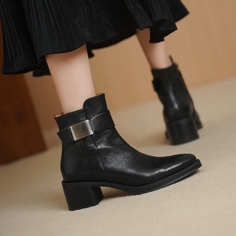 New Trend 2026 Spring Autumn High Quality Genuine Leather Women Western Boots Black Brown Fashion Ladies Pointed Toe Ankle Boots