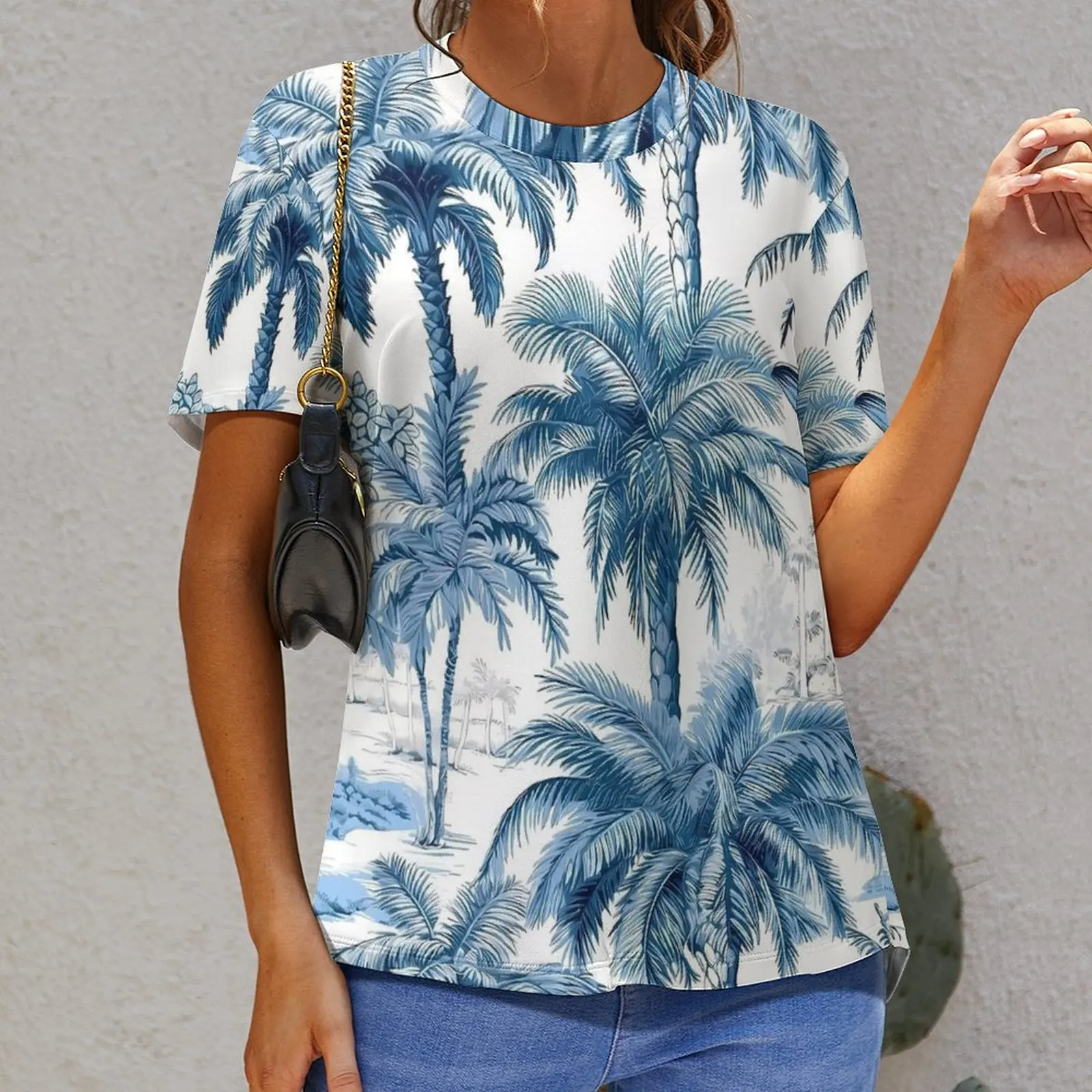 Summer Hawaiian Blue Tropical Botanical T-Shirts  Street Fashion T Shirt Woman Short Sleeve Cool Big Size Tees Custom Tops Gift