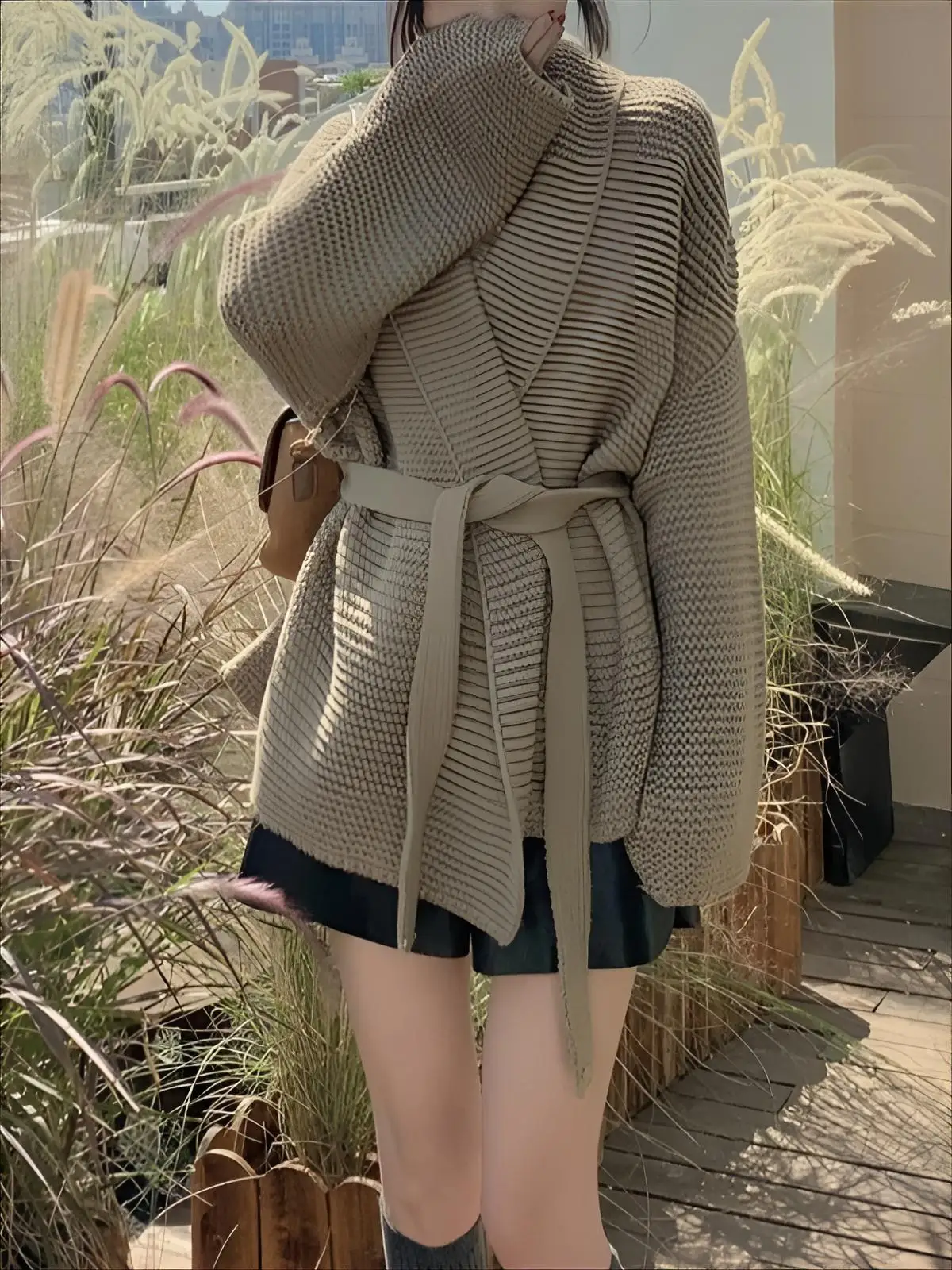 

Mid-Long Cardigans Gothic Womens Autumn Solid-Coloured Relaxed-Fit Plush Frilly Everyday Boxy Hook Rib-Knit Long-Sleeve Knot Y2K