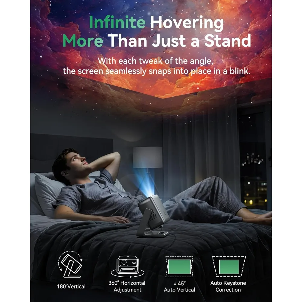 Proyektor WiFi Bluetooth 4K 1200 ANSI 180 °   Home Theater Film Portabel Luar Ruangan dengan Keystone Otomatis dan Resolusi Native 1080P yang Dapat Diputar