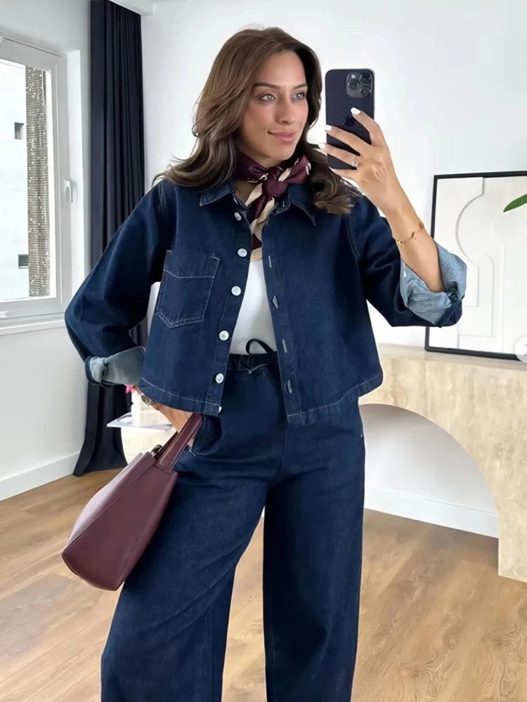 HXAO Set Denim Set Jeans Wanita Denim 2 Potong Set Celana Panjang Wanita Pakaian Jalanan Pakaian Denim Dua Potong Set Jaket Atasan Denim Wanita