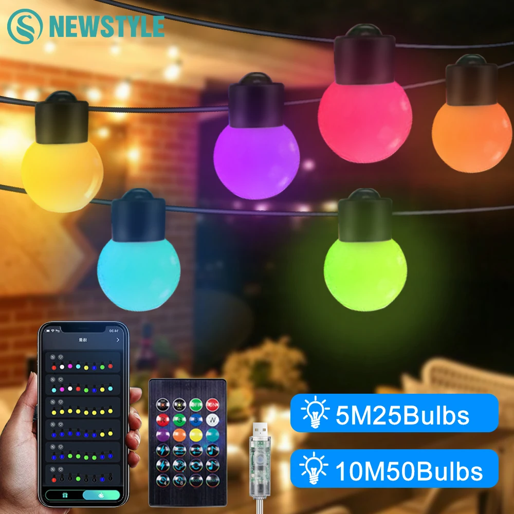 luzes de corda rgb para areas externas aplicativo inteligente 33 pes luzes para patio regulavel lampadas led rgb mudanca de cor luzes suspensas para festa de natal 01