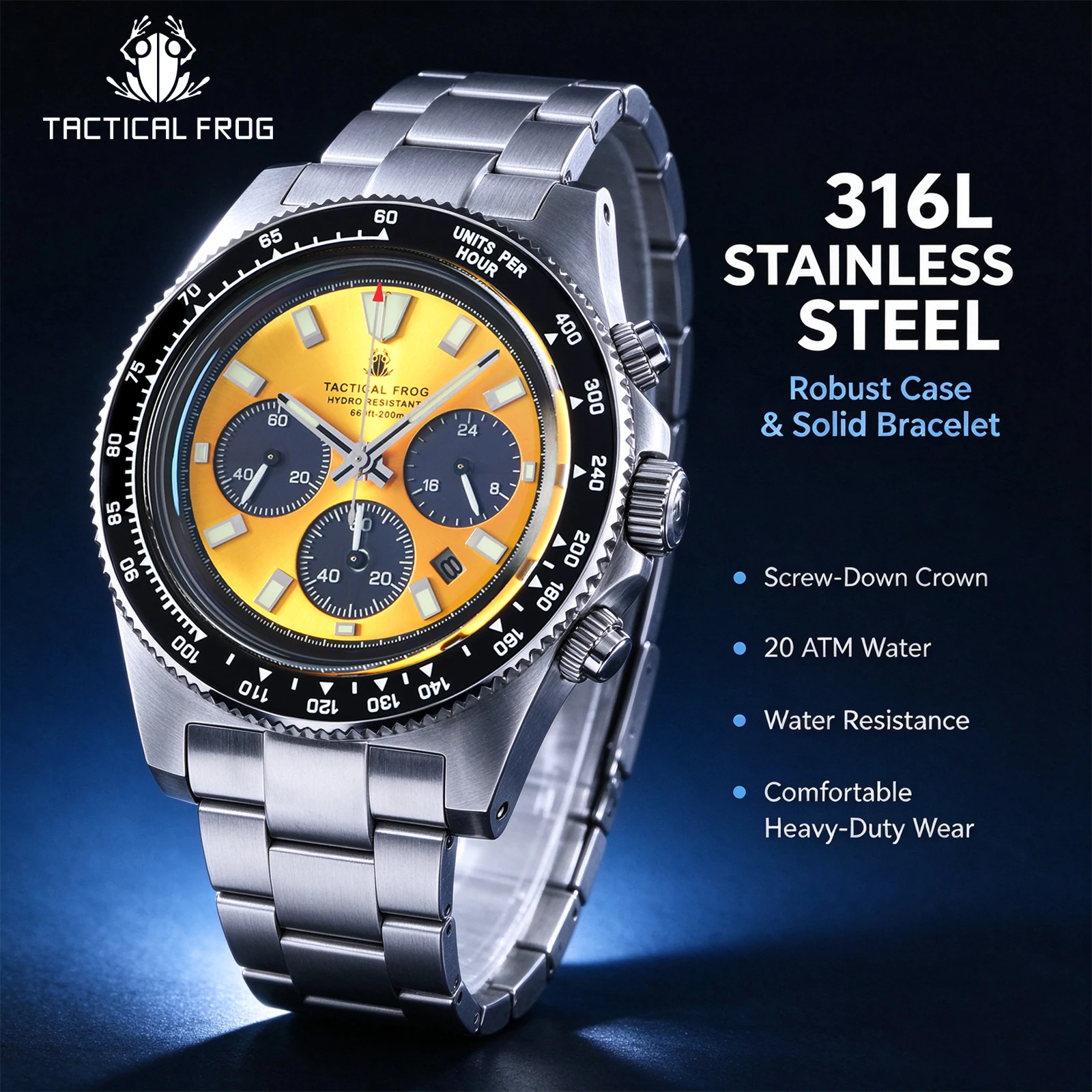 Tactical Frog Men's Dive Watch 41mm Solar VS75 200M Waterproof Sapphire Crystal Ceramic Bezel C3 Super Lume 316L Stainless Steel
