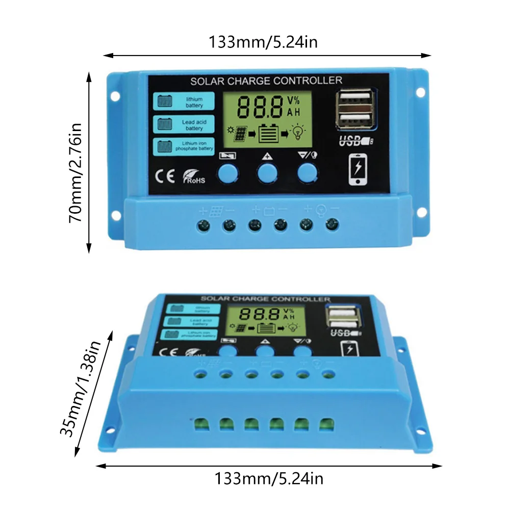 10A 20A 30A PWM Solar Charge Controller 12V 24V PV Regulator LCD Dual Port Solar Panel Controller for Lead-Acid Lithium Battery