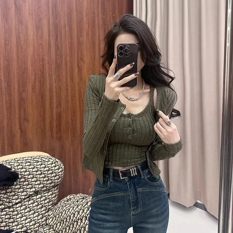 Women Sets Knitted Slim Fit Cardigan Camis 2pcs Trendy All-match Sweet Sexy Girls Popular Ins Korean Fashion Streetwear Autumn