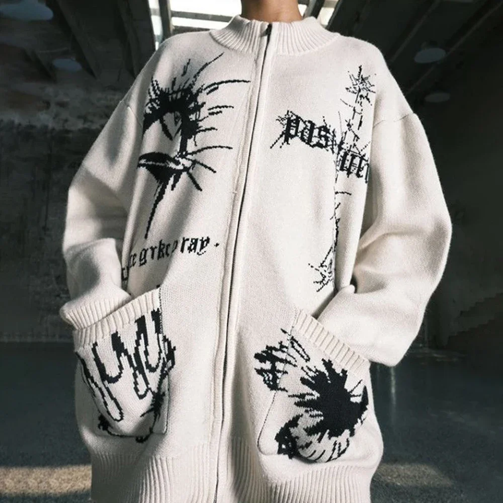 Mens Y2k Graffiti Casual Knitted Sweater Autumn Winter Genderless American Trend Street Loose Lazy Style Versatile Jacket Unisex