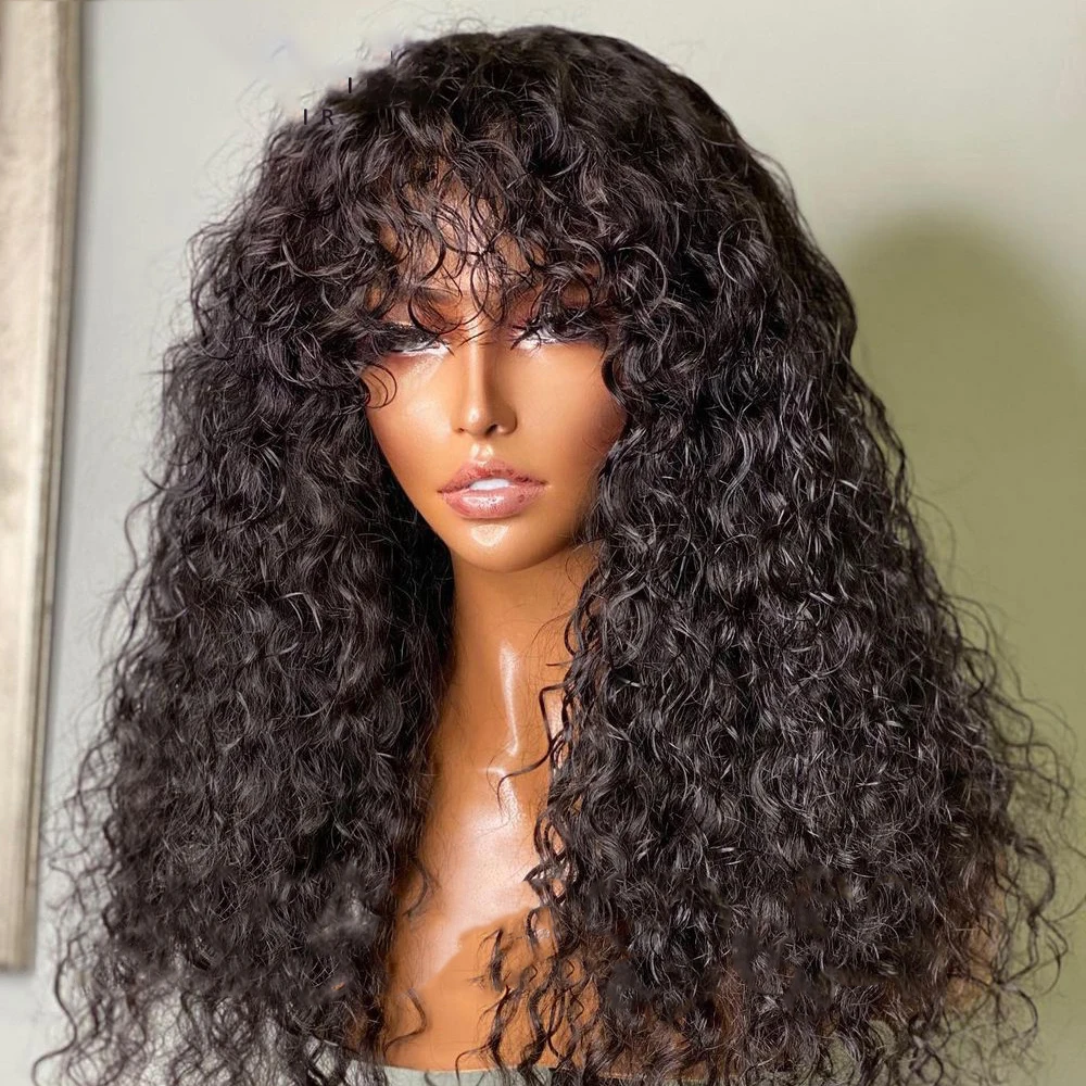 Peruca encaracolada longa preta natural para mulheres, máquina com franja, cabelo do bebê, pré-arrancado, diário, sem cola, desgaste, 26 ", 180 densidade